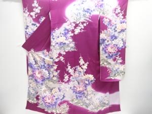 アンティーク　几帳に牡丹・草花模様刺繍振袖